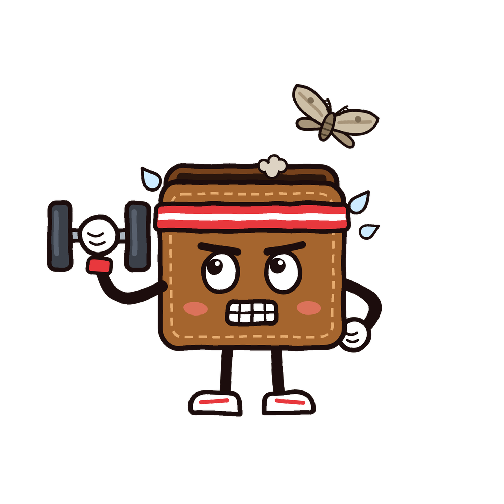 An empty wallet in a sweatband doing a dumbbell curl while a moth escapes its pocket